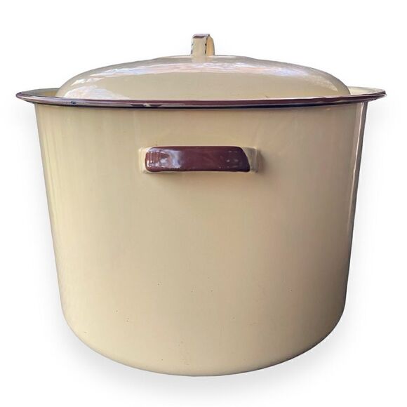 Vintage Pale Yellow Brown Trim Enamelware Large Stock Pot 12” Decorative - Picture 4 of 16